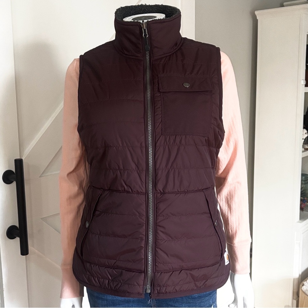 Carhartt Amoret Reversible Sherpa Lined Puffer Fleece Vest Full Zip Deep Wine